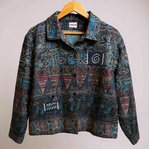 Chico's Embroidered Jacket XL Patchwork Stones Embellish Art to Wear Aztec Boho